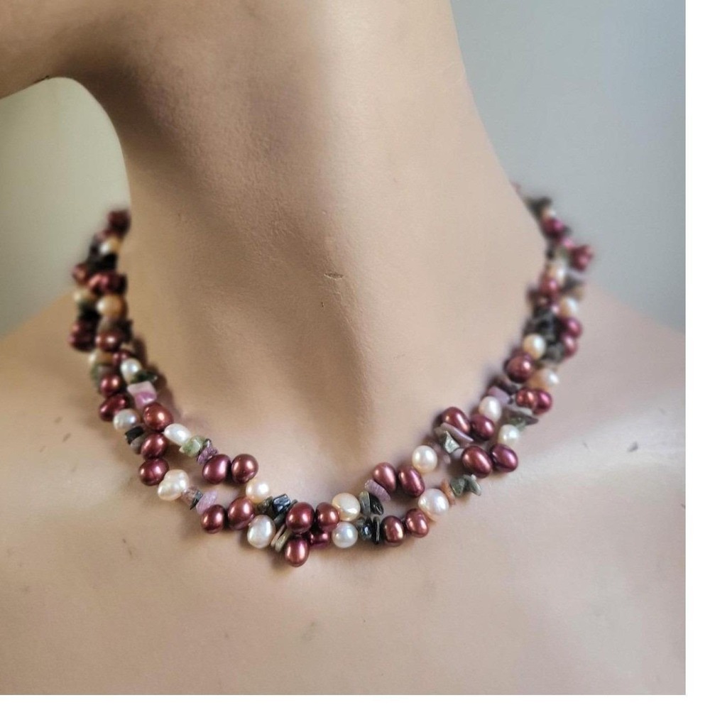 Freshwater Pearl and Mixed Gemstone Chip Long Beaded Necklace 32" Cottagecore